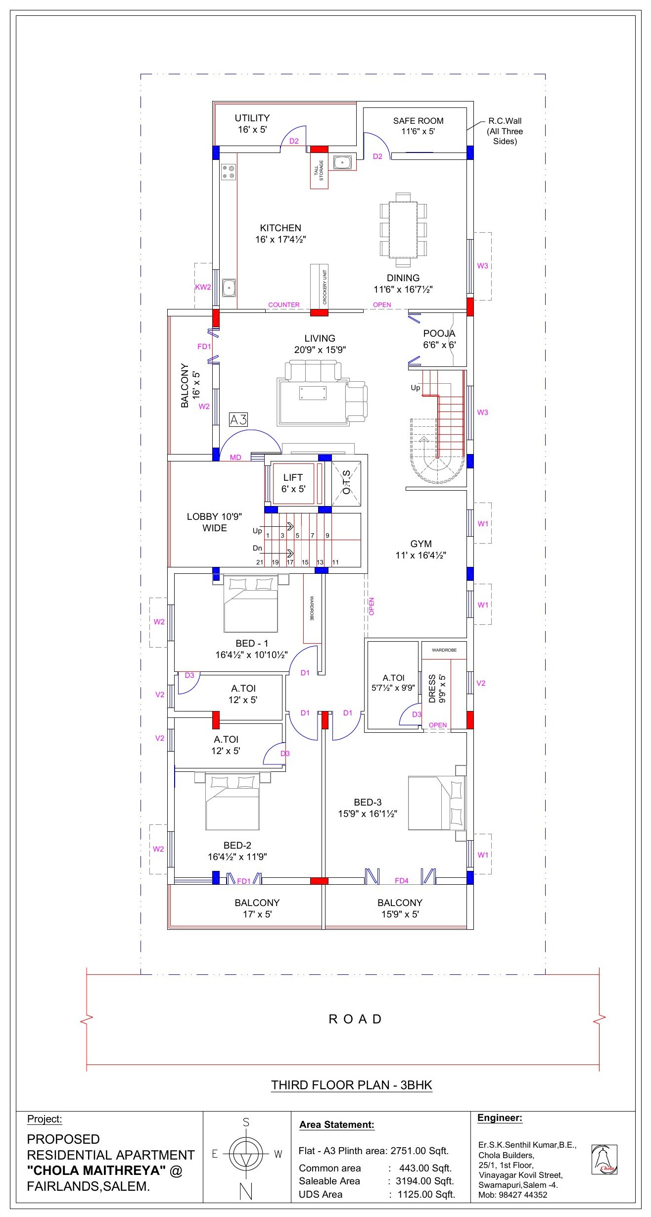 Chola Maitreya, 3 BHK duplex, lower level floor plan